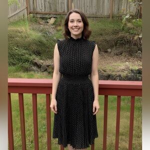 Nanette Lepore black & white pleated polka dot midi dress size 6